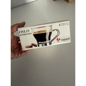 Bormioli Rocco Oslo Espresso Cups Set of 4 Italian Tempered Glass Metal Handles